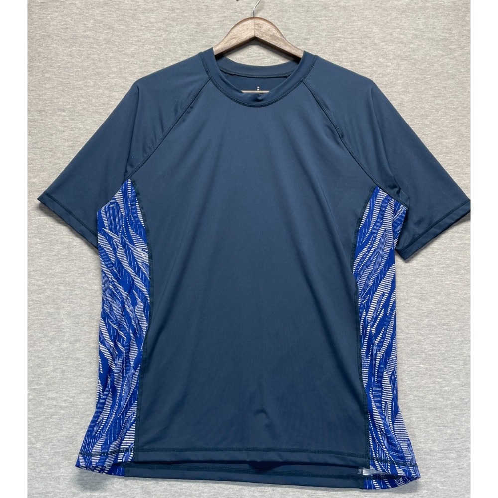 Lands' End Swim Shirt Mens Large (42-44) Blue Abstract Side Panels Stretch Beach
